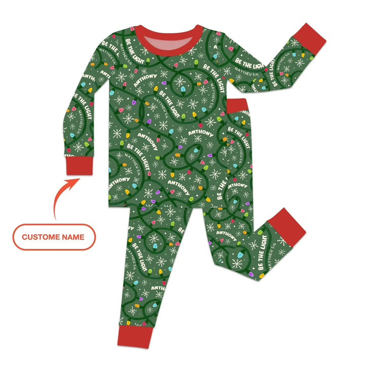 Custom Name Be The Light Christmas Two Piece Long Sleeve Pajama Set , Custom Name Be The Light Christmas Two Piece Long Sleeve Pajama Set - 12-18M