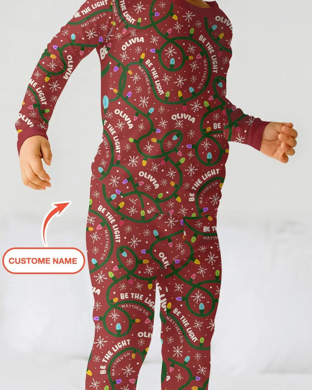 Custom Name Be The Light Christmas Two Piece Long Sleeve Pajama Set , Custom Name Be The Light Christmas Two Piece Long Sleeve Pajama Set - 12-18M