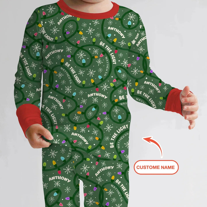 Custom Name Be The Light Christmas Two Piece Long Sleeve Pajama Set , Custom Name Be The Light Christmas Two Piece Long Sleeve Pajama Set - 12-18M
