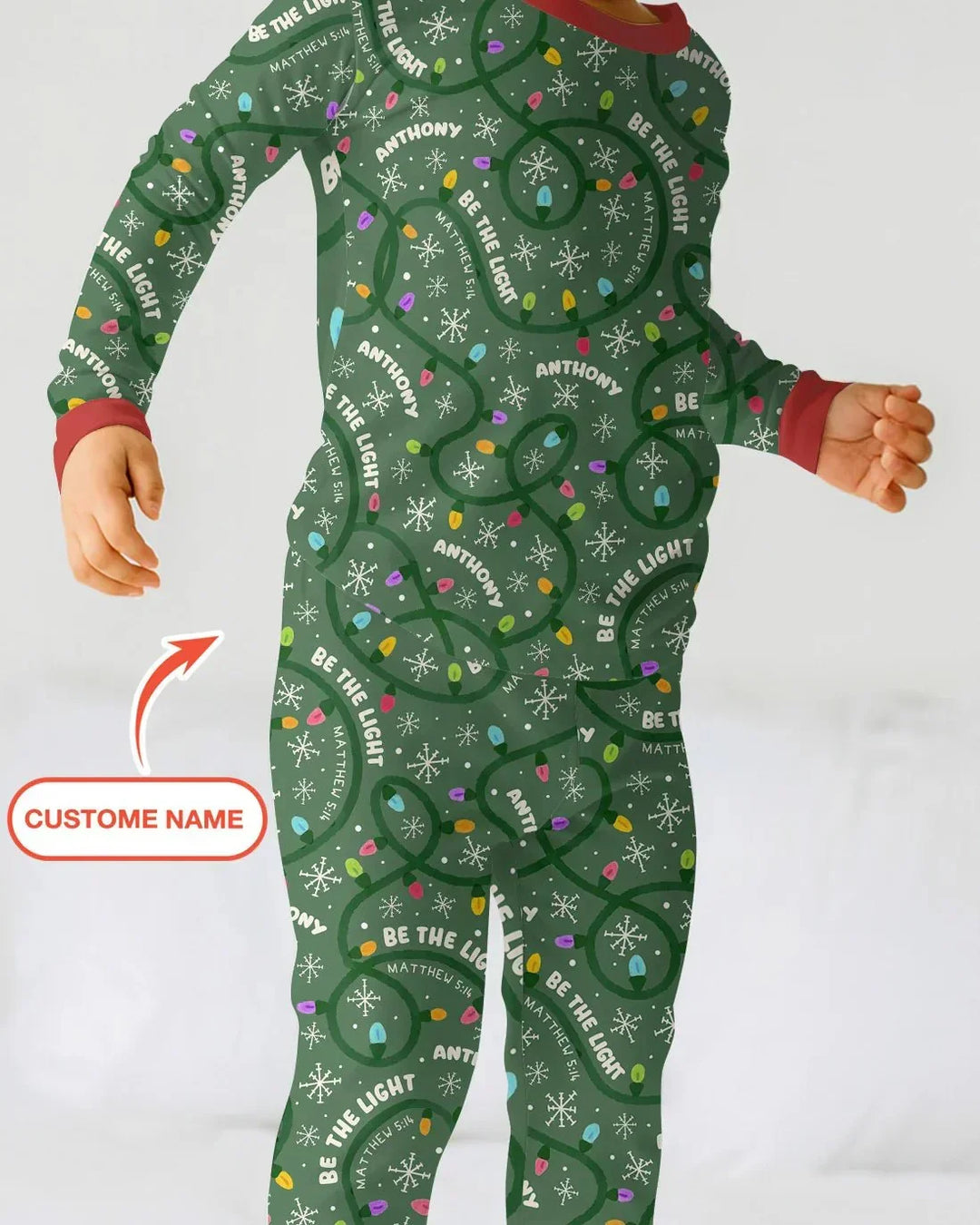 Custom Name Be The Light Christmas Two Piece Long Sleeve Pajama Set , Custom Name Be The Light Christmas Two Piece Long Sleeve Pajama Set - 12-18M