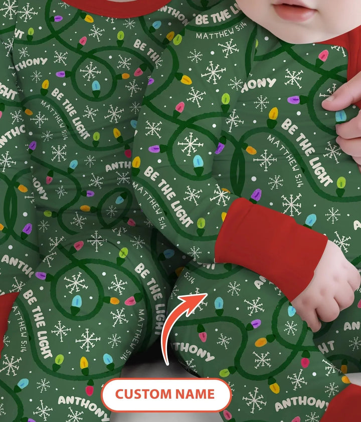 Custom Name Be The Light Christmas Two Piece Long Sleeve Pajama Set , Custom Name Be The Light Christmas Two Piece Long Sleeve Pajama Set - 12-18M