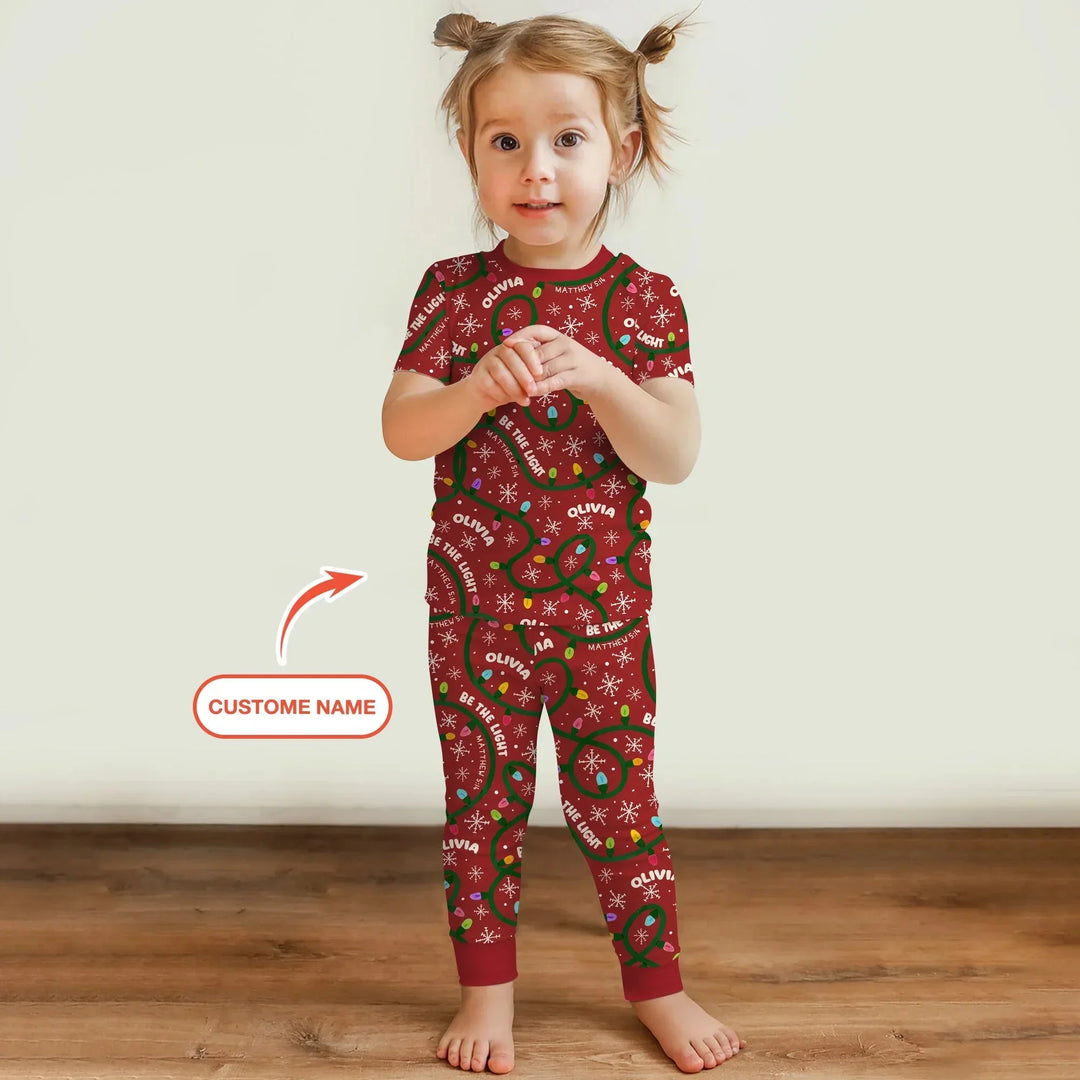 Custom Name Be The Light Christmas Two Piece Short Sleeve Pajama Set , Custom Name Be The Light Christmas Two Piece Short Sleeve Pajama Set - 12-18M
