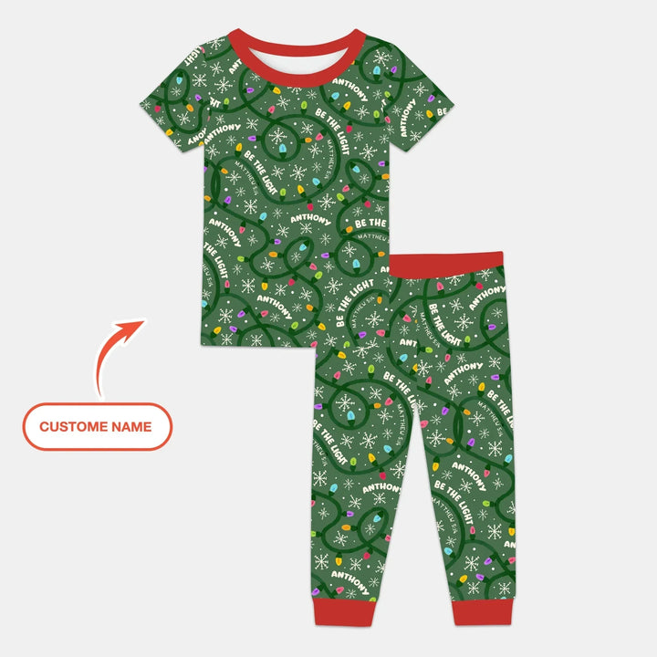 Custom Name Be The Light Christmas Two Piece Short Sleeve Pajama Set , Custom Name Be The Light Christmas Two Piece Short Sleeve Pajama Set - 12-18M