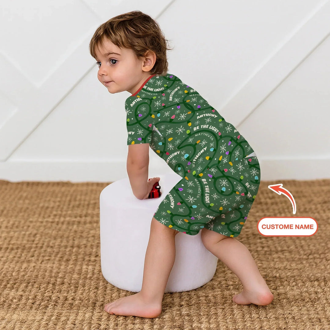 Custom Name Be The Light Christmas Two Piece Short Sleeve Shorts Pajama Set , Custom Name Be The Light Christmas Two Piece Short Sleeve Shorts Pajama Set - 12-18M