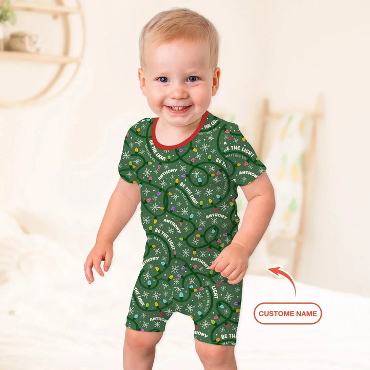 Custom Name Be The Light Christmas Two Piece Short Sleeve Shorts Pajama Set , Custom Name Be The Light Christmas Two Piece Short Sleeve Shorts Pajama Set - 12-18M