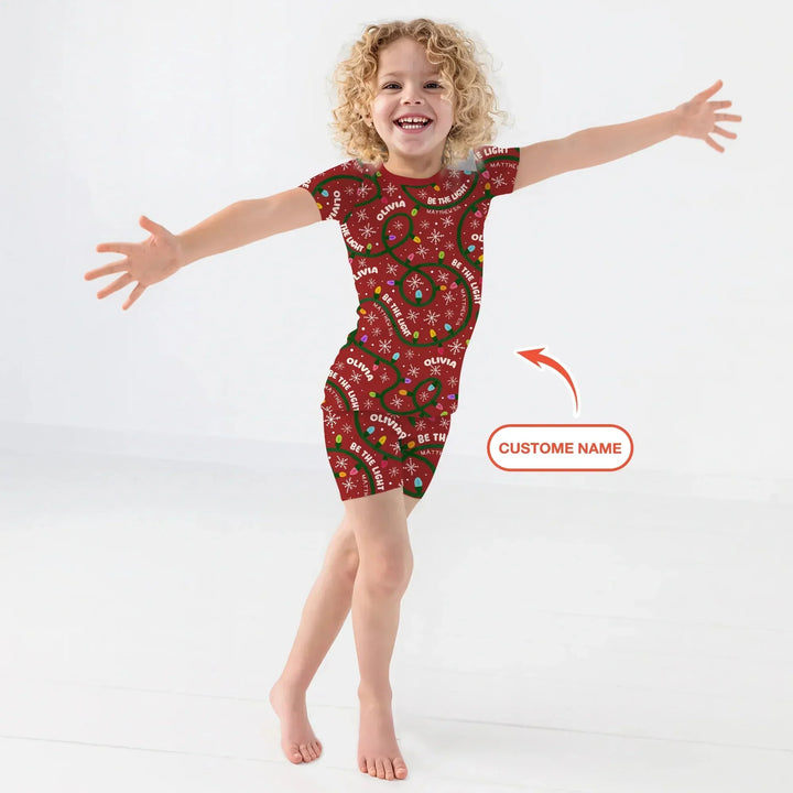 Custom Name Be The Light Christmas Two Piece Short Sleeve Shorts Pajama Set , Custom Name Be The Light Christmas Two Piece Short Sleeve Shorts Pajama Set - 12-18M