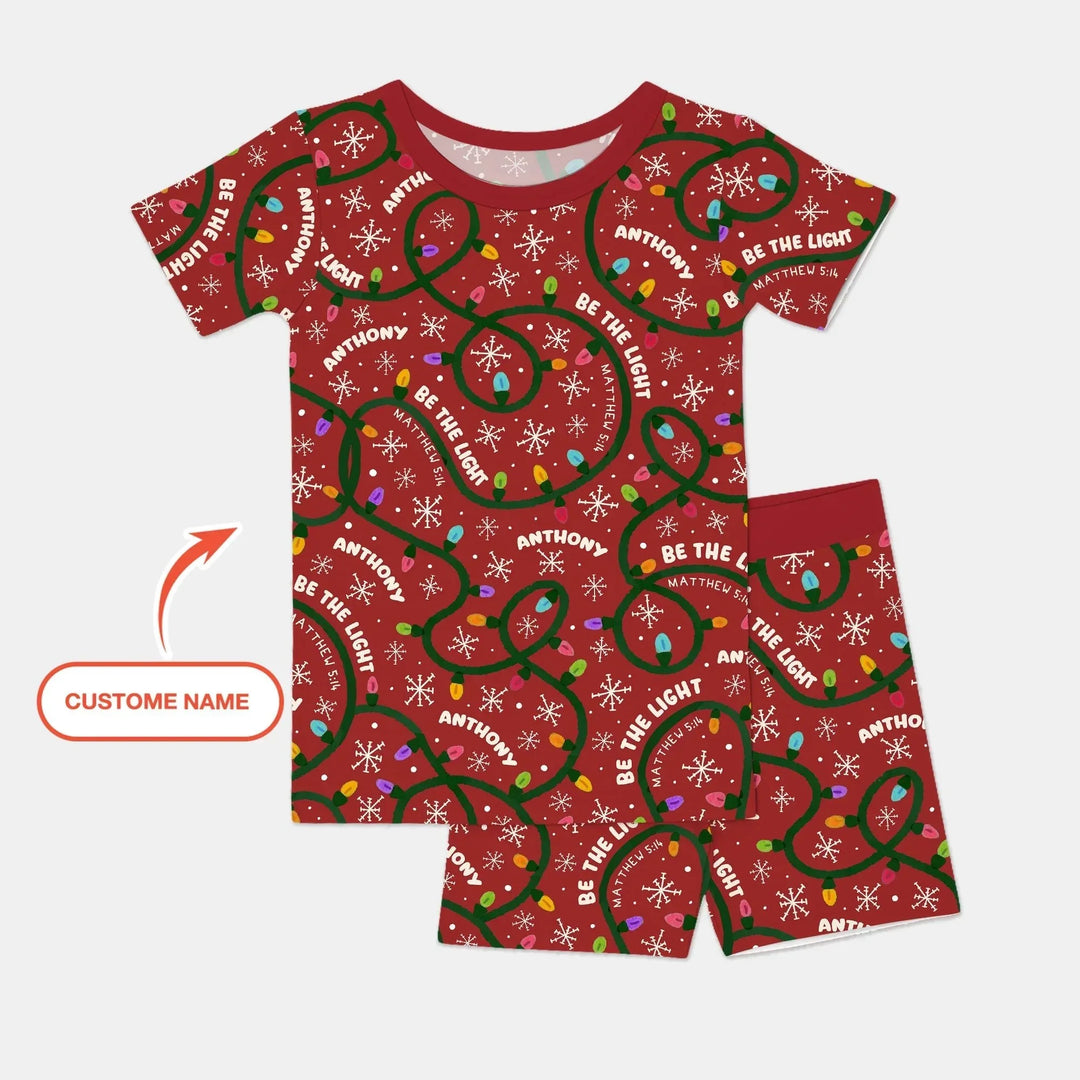 Custom Name Be The Light Christmas Two Piece Short Sleeve Shorts Pajama Set , Custom Name Be The Light Christmas Two Piece Short Sleeve Shorts Pajama Set - 12-18M