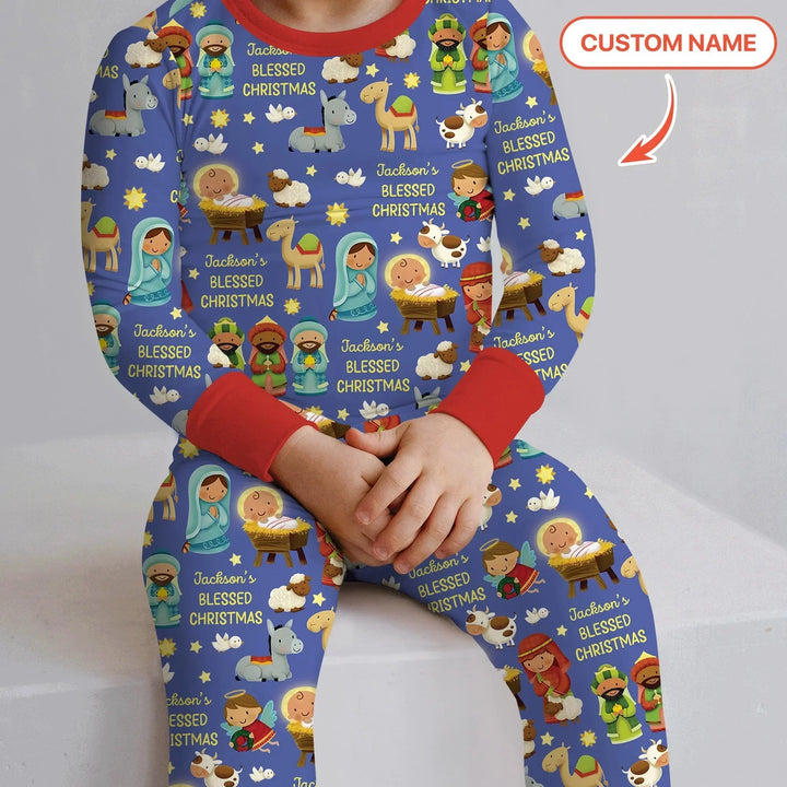 Custom Name Blessed Christmas Night Two Piece Long Sleeve Pajama Set , Custom Name Blessed Christmas Night Two Piece Long Sleeve Pajama Set - 12-18M