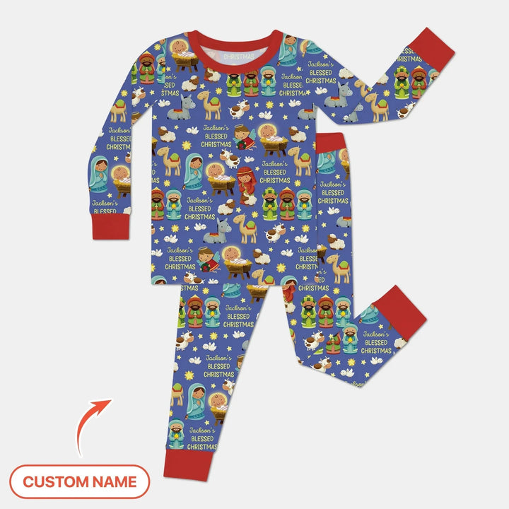 Custom Name Blessed Christmas Night Two Piece Long Sleeve Pajama Set , Custom Name Blessed Christmas Night Two Piece Long Sleeve Pajama Set - 12-18M