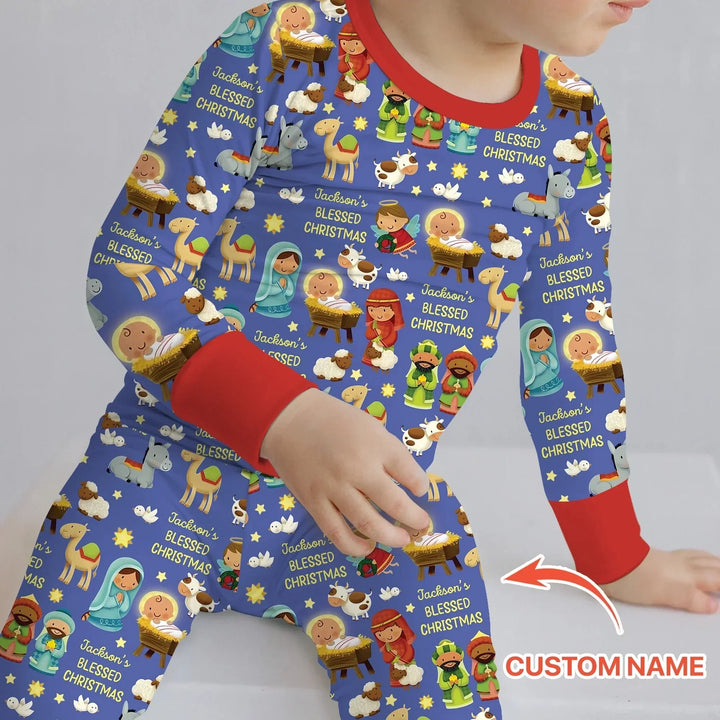 Custom Name Blessed Christmas Night Two Piece Long Sleeve Pajama Set , Custom Name Blessed Christmas Night Two Piece Long Sleeve Pajama Set - 12-18M