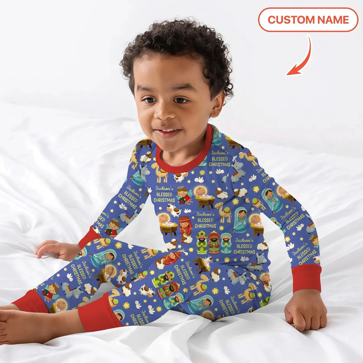 Custom Name Blessed Christmas Night Two Piece Long Sleeve Pajama Set , Custom Name Blessed Christmas Night Two Piece Long Sleeve Pajama Set - 12-18M