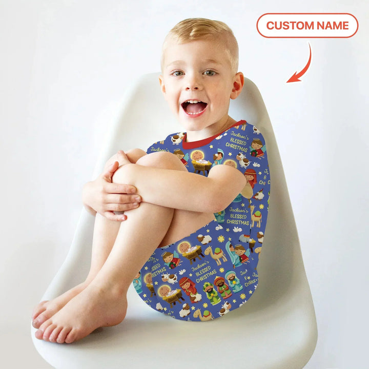 Custom Name Blessed Christmas Night Two Piece Short Sleeve Shorts Pajama Set , Custom Name Blessed Christmas Night Two Piece Short Sleeve Shorts Pajama Set - 12-18M