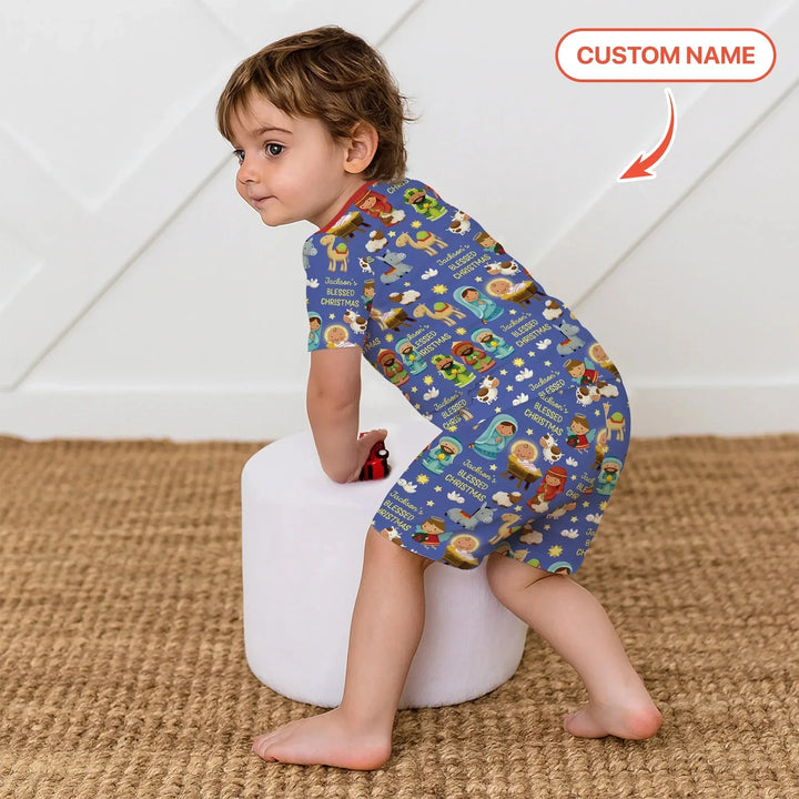 Custom Name Blessed Christmas Night Two Piece Short Sleeve Shorts Pajama Set , Custom Name Blessed Christmas Night Two Piece Short Sleeve Shorts Pajama Set - 12-18M