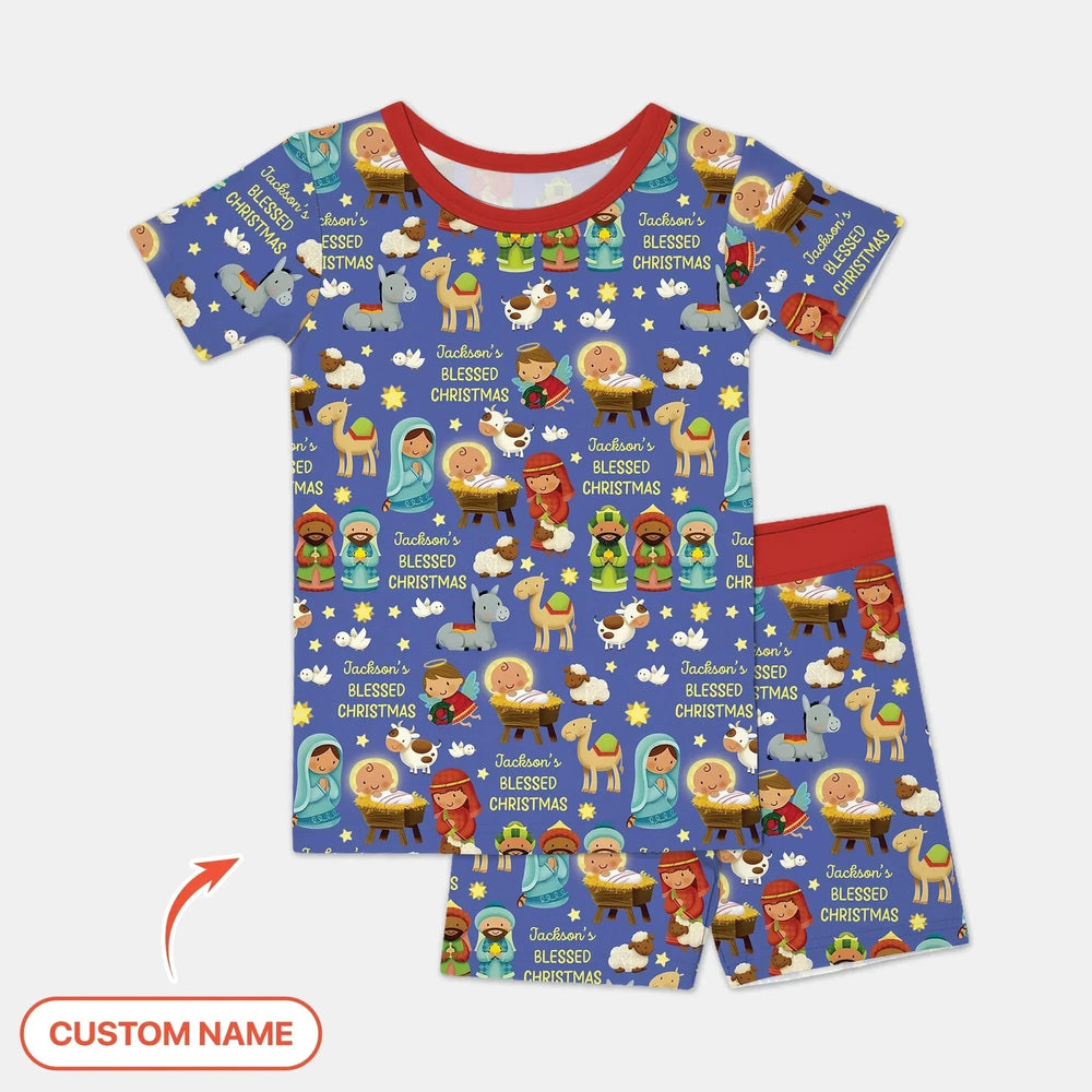 Custom Name Blessed Christmas Night Two Piece Short Sleeve Shorts Pajama Set , Custom Name Blessed Christmas Night Two Piece Short Sleeve Shorts Pajama Set - 12-18M