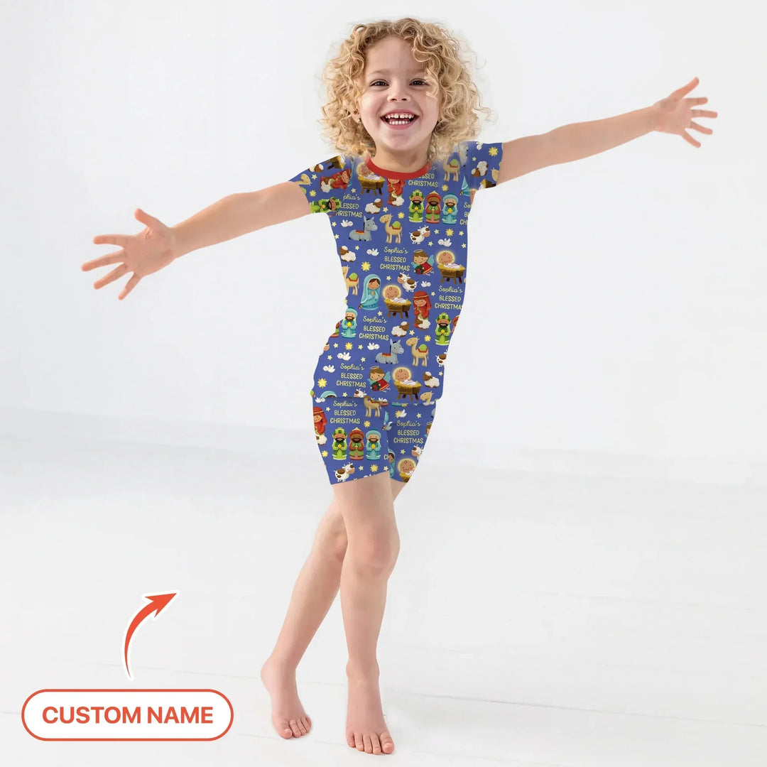 Custom Name Blessed Christmas Night Two Piece Short Sleeve Shorts Pajama Set , Custom Name Blessed Christmas Night Two Piece Short Sleeve Shorts Pajama Set - 12-18M