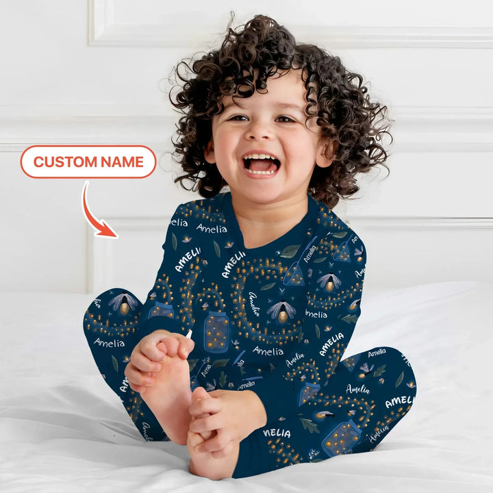 Custom Name Catching Fireflies Two Piece Long Sleeve Pajama Set , Custom Name Catching Fireflies Two Piece Long Sleeve Pajama Set - 12-18M
