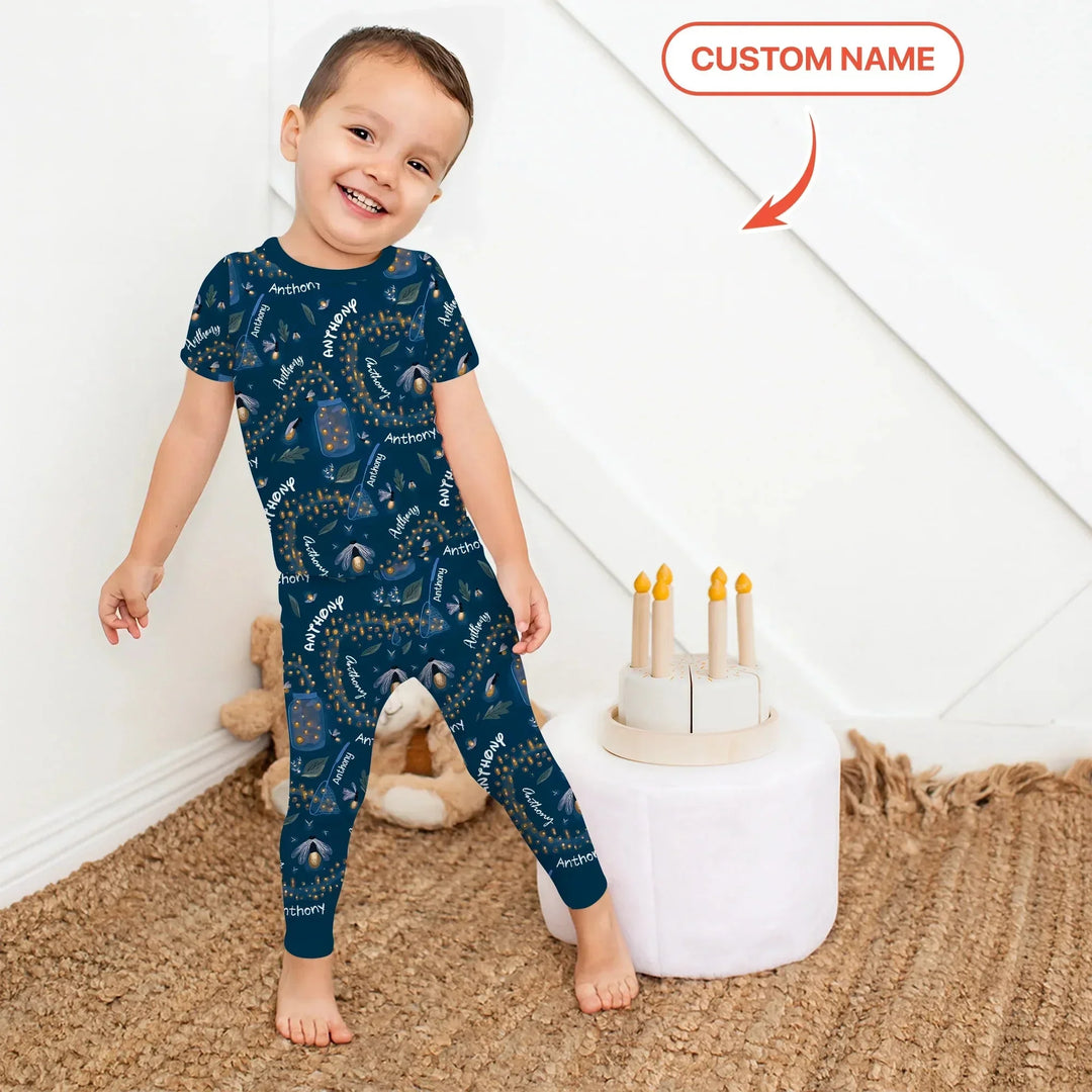 Custom Name Catching Fireflies Two Piece Short Sleeve Pajama Set , Custom Name Catching Fireflies Two Piece Short Sleeve Pajama Set - 12-18M
