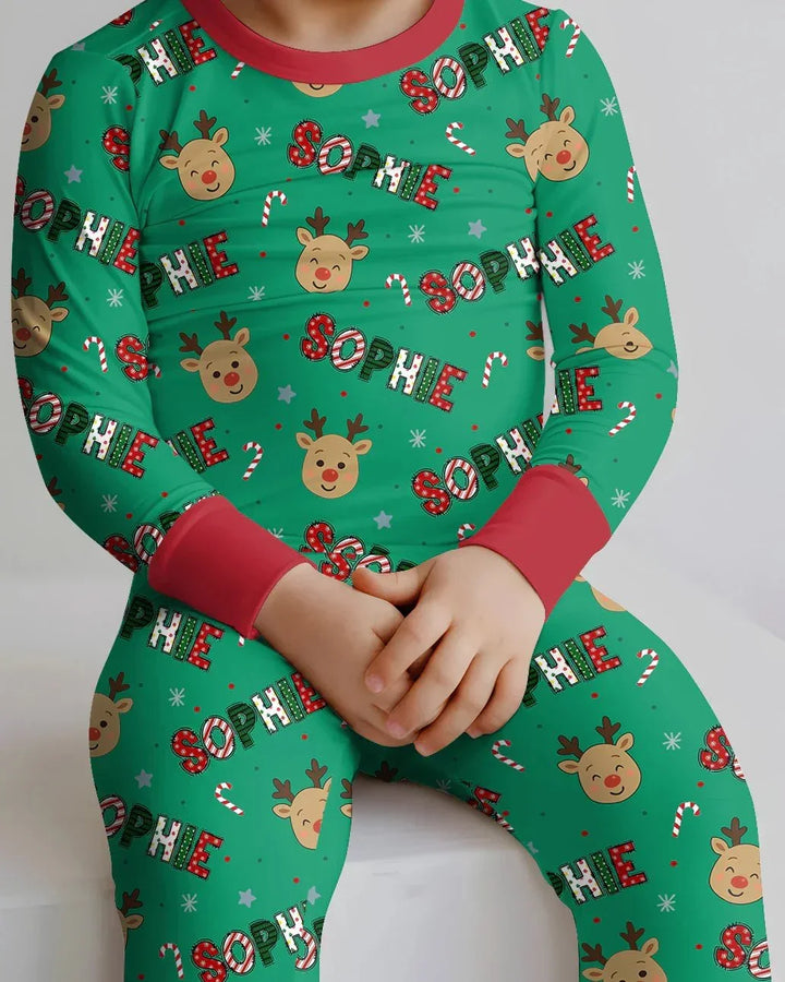 Custom Name Chrismas Cute Deer Two Piece Long Sleeve Pajama Set , Custom Name Chrismas Cute Deer Two Piece Long Sleeve Pajama Set - 12-18M