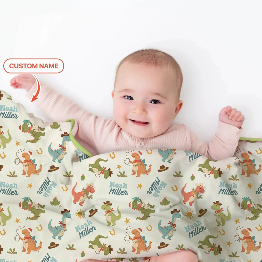 Custom Name Christmas Cowboy Dinosaur Toddler Blanket , Custom Name Christmas Cowboy Dinosaur Toddler Blanket - Default Title