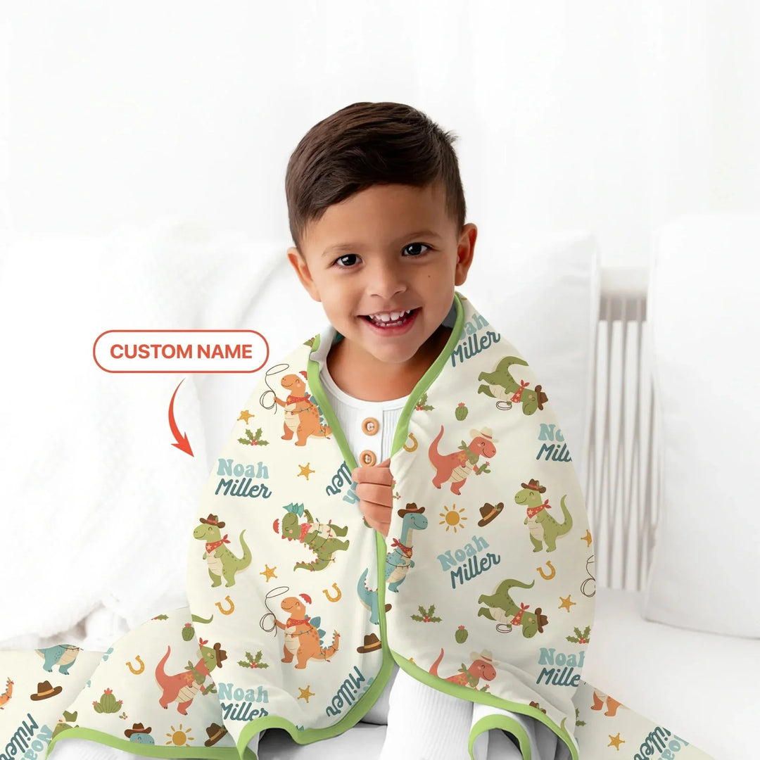 Custom Name Christmas Cowboy Dinosaur Toddler Blanket , Custom Name Christmas Cowboy Dinosaur Toddler Blanket - Default Title