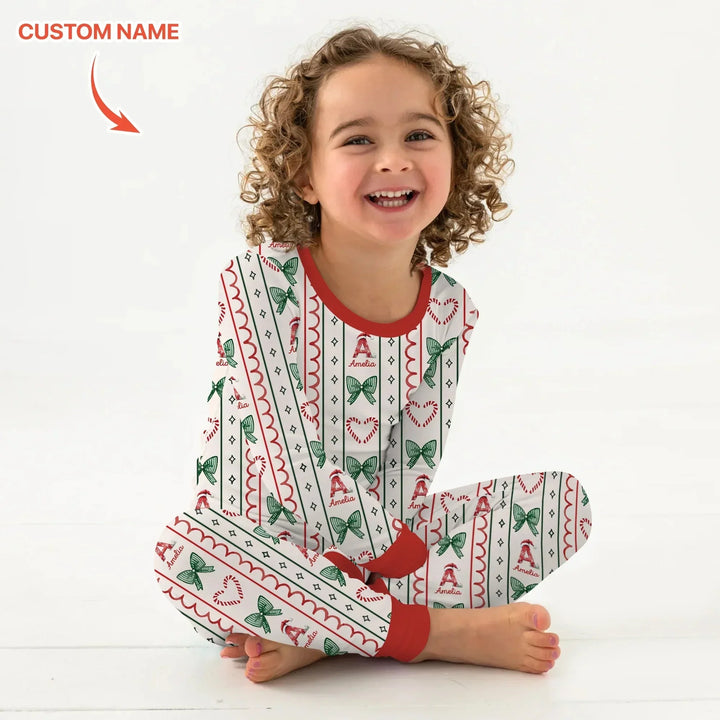 Custom Name Christmas Stripes Two Piece Long Sleeve Pajama Set , Custom Name Christmas Stripes Two Piece Long Sleeve Pajama Set - 12-18M