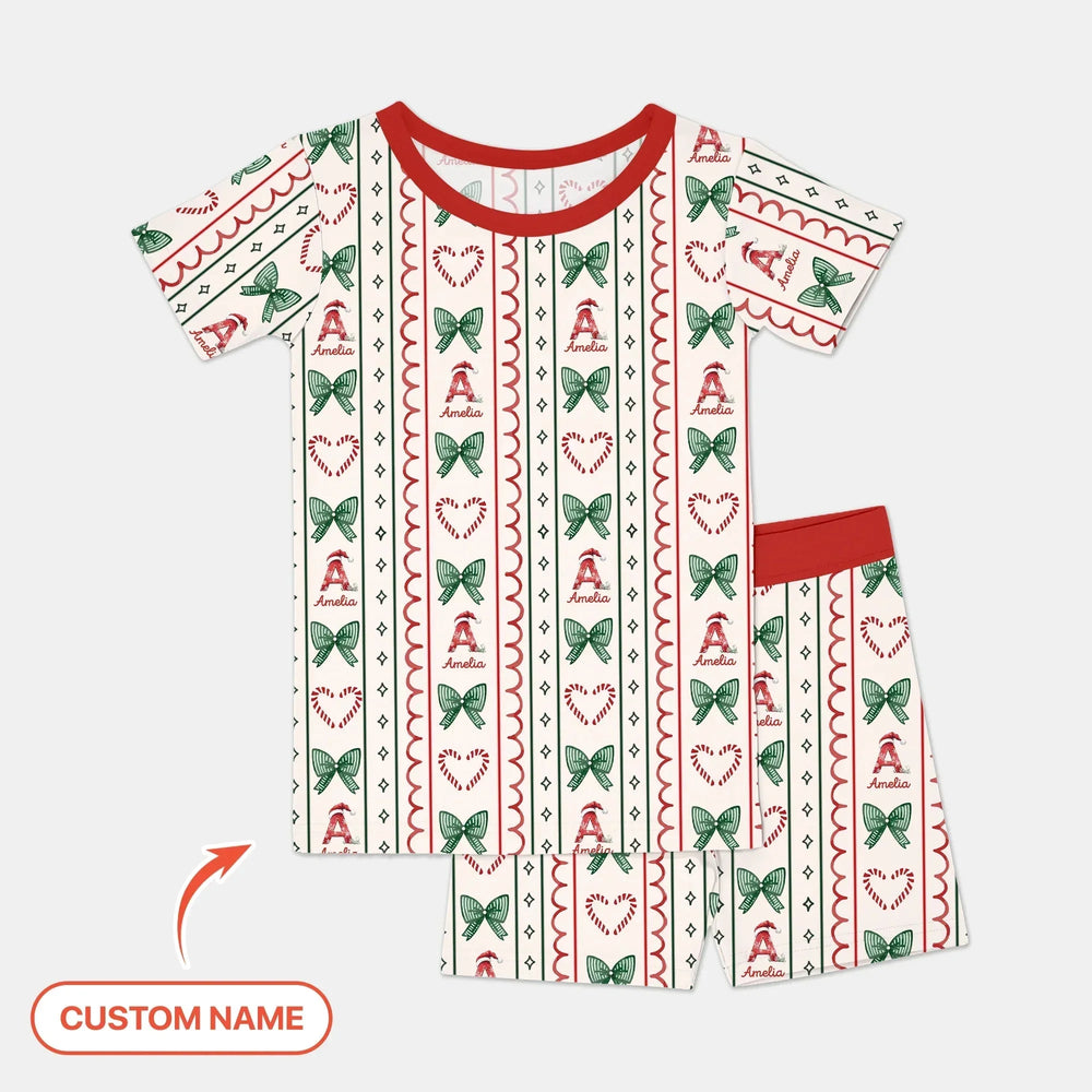Custom Name Christmas Stripes Two Piece Short Sleeve Shorts Pajama Set , Custom Name Christmas Stripes Two Piece Short Sleeve Shorts Pajama Set - 12-18M