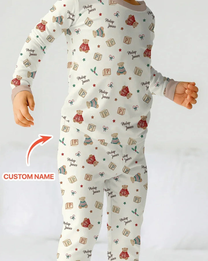 Custom Name Christmas Teddy Bear Two Piece Long Sleeve Pajama Set , Custom Name Christmas Teddy Bear Two Piece Long Sleeve Pajama Set - 12-18M