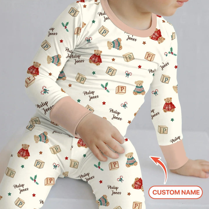Custom Name Christmas Teddy Bear Two Piece Long Sleeve Pajama Set , Custom Name Christmas Teddy Bear Two Piece Long Sleeve Pajama Set - 12-18M