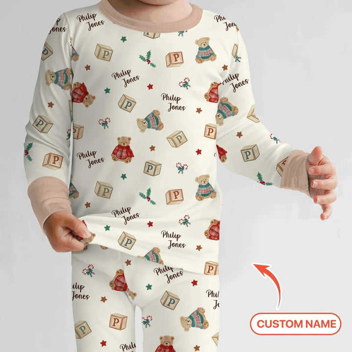 Custom Name Christmas Teddy Bear Two Piece Long Sleeve Pajama Set , Custom Name Christmas Teddy Bear Two Piece Long Sleeve Pajama Set - 12-18M