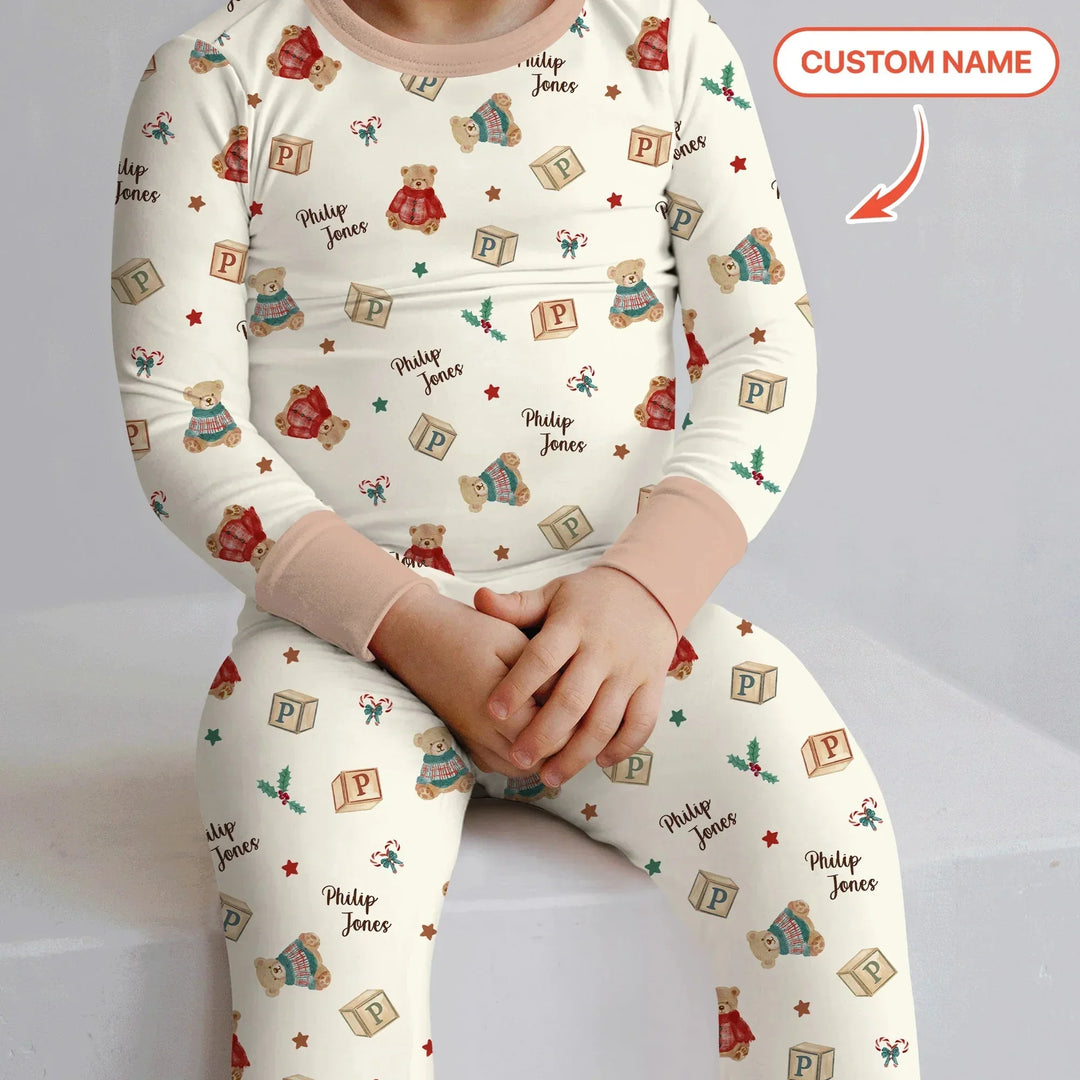 Custom Name Christmas Teddy Bear Two Piece Long Sleeve Pajama Set , Custom Name Christmas Teddy Bear Two Piece Long Sleeve Pajama Set - 12-18M