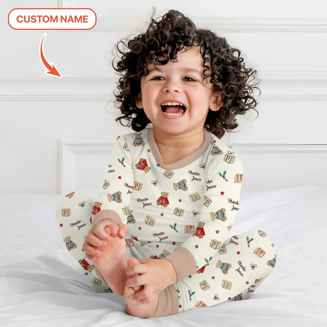 Custom Name Christmas Teddy Bear Two Piece Long Sleeve Pajama Set , Custom Name Christmas Teddy Bear Two Piece Long Sleeve Pajama Set - 12-18M