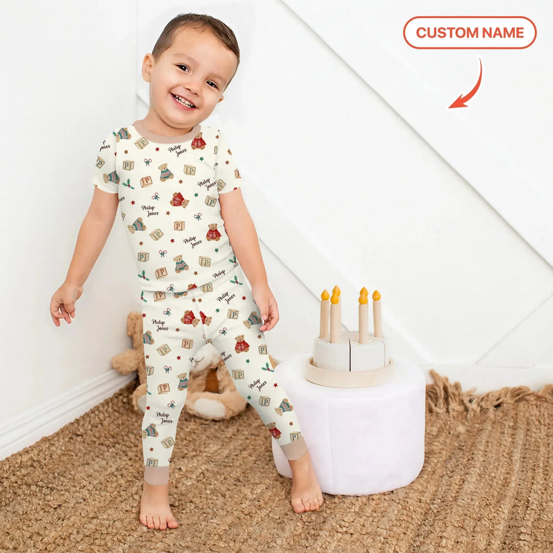 Custom Name Christmas Teddy Bear Two Piece Short Sleeve Pajama Set , Custom Name Christmas Teddy Bear Two Piece Short Sleeve Pajama Set - 12-18M