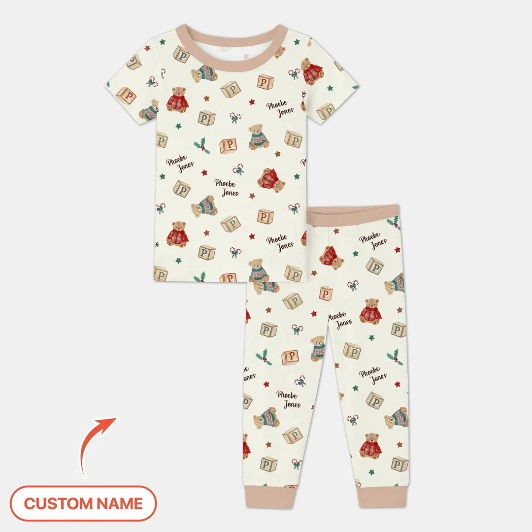 Custom Name Christmas Teddy Bear Two Piece Short Sleeve Pajama Set , Custom Name Christmas Teddy Bear Two Piece Short Sleeve Pajama Set - 12-18M