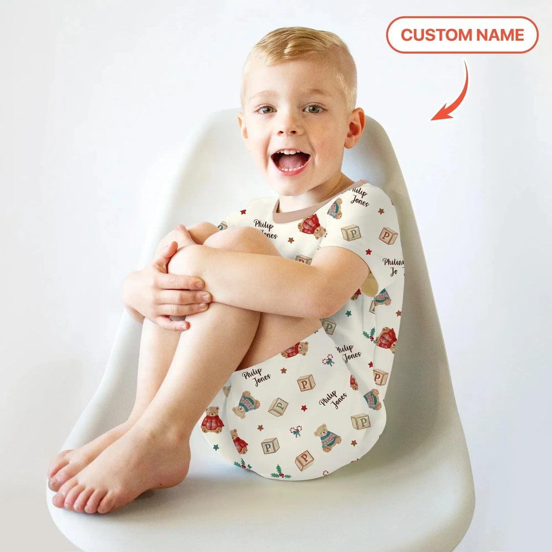Custom Name Christmas Teddy Bear Two Piece Short Sleeve Shorts Pajama Set , Custom Name Christmas Teddy Bear Two Piece Short Sleeve Shorts Pajama Set - 12-18M