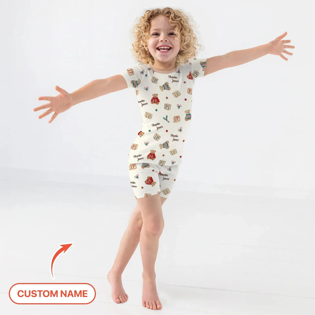 Custom Name Christmas Teddy Bear Two Piece Short Sleeve Shorts Pajama Set , Custom Name Christmas Teddy Bear Two Piece Short Sleeve Shorts Pajama Set - 12-18M