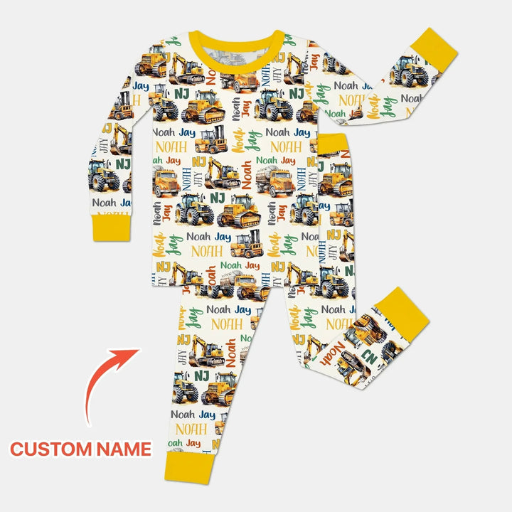 Custom Name Construction Trucks Two Piece Long Sleeve Pajama Set , Custom Name Construction Trucks Two Piece Long Sleeve Pajama Set - 12-18M