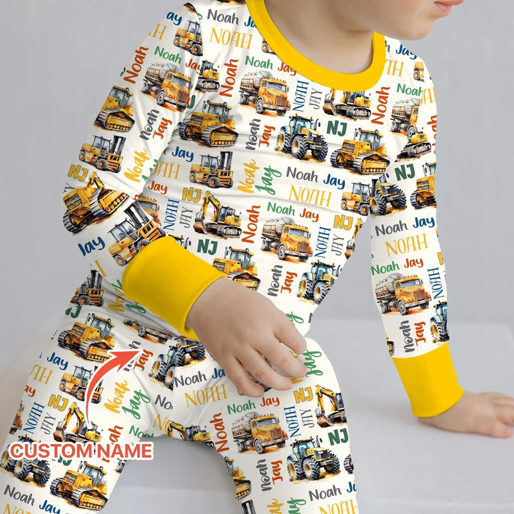Custom Name Construction Trucks Two Piece Long Sleeve Pajama Set , Custom Name Construction Trucks Two Piece Long Sleeve Pajama Set - 12-18M