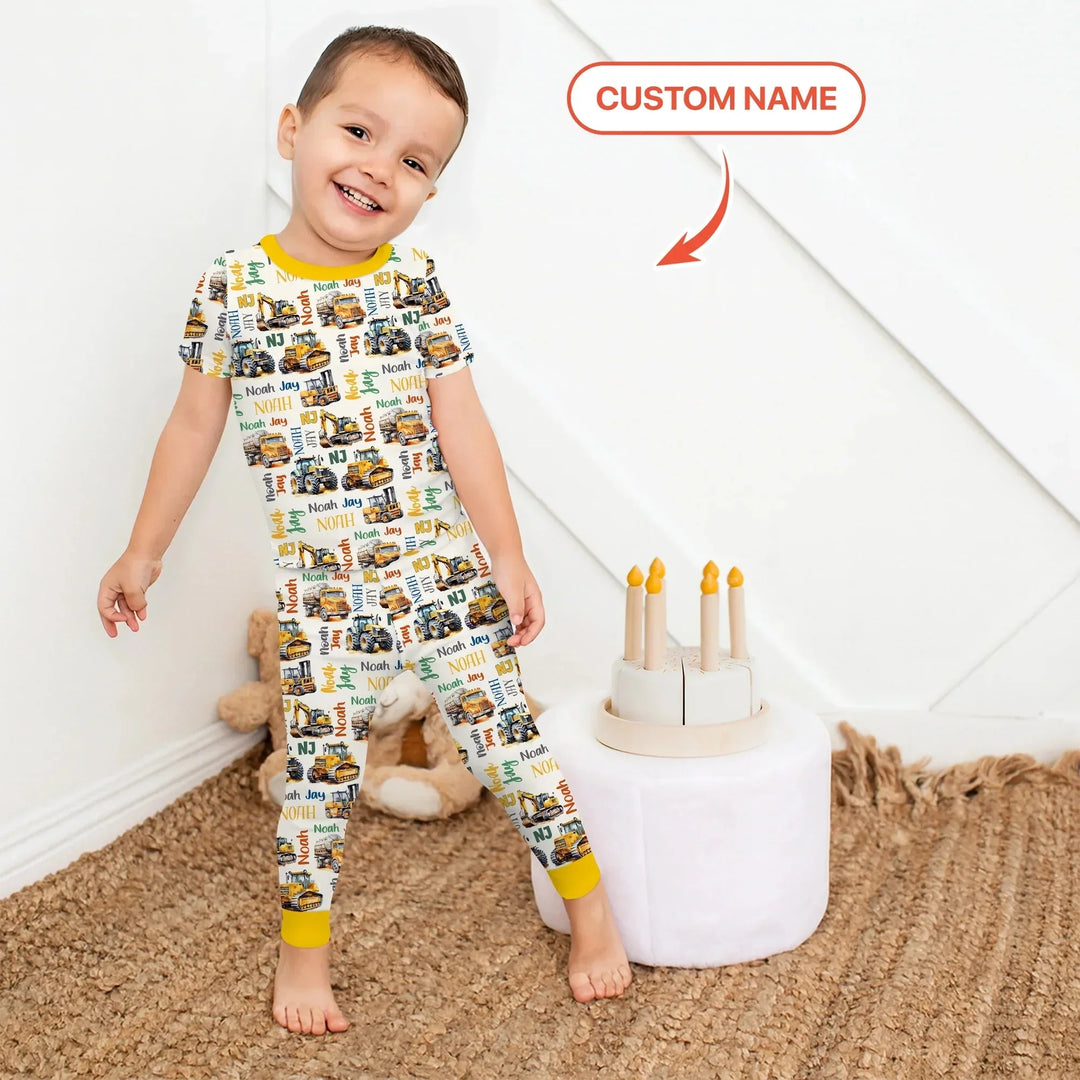 Custom Name Construction Trucks Two Piece Short Sleeve Pajama Set , Custom Name Construction Trucks Two Piece Short Sleeve Pajama Set - 12-18M