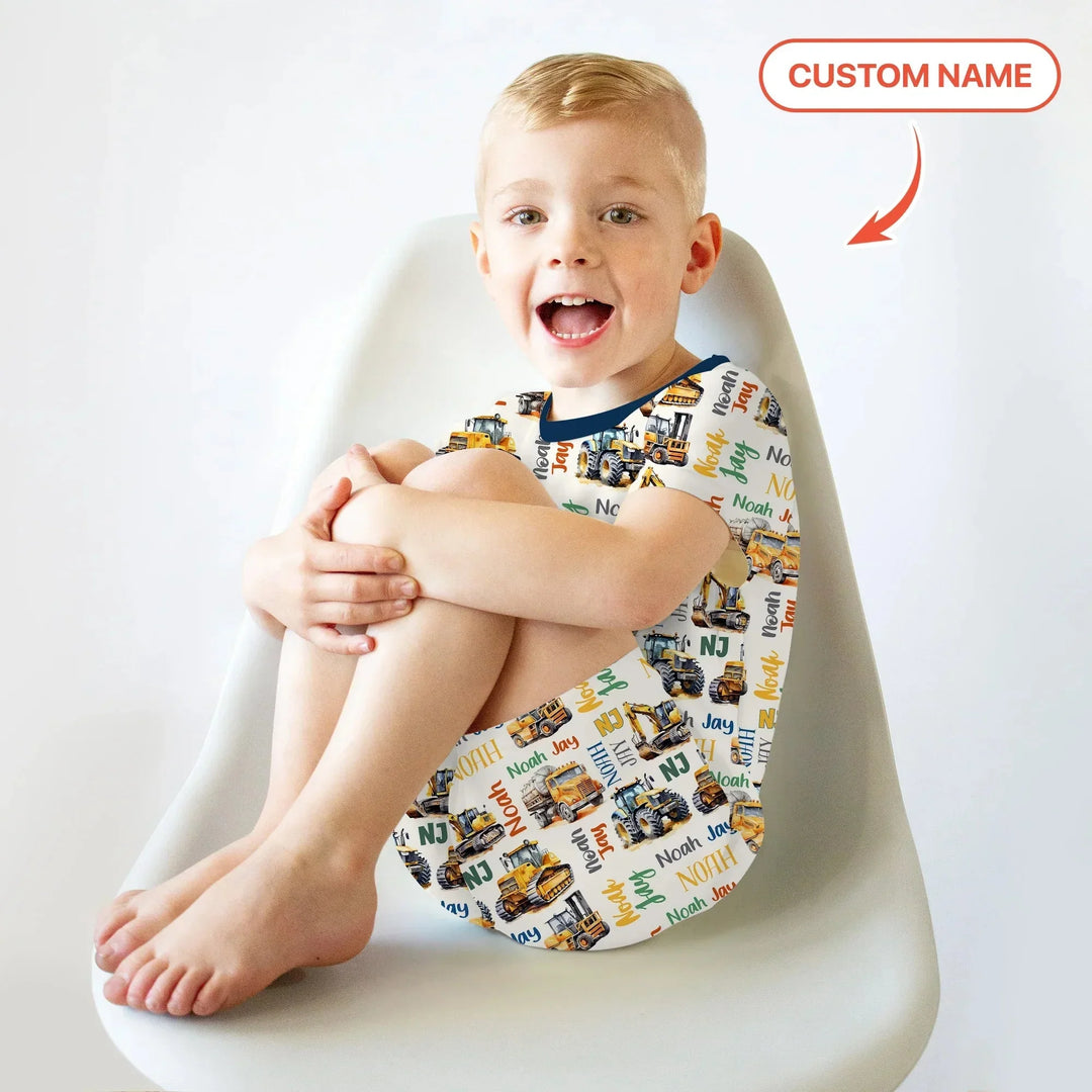 Custom Name Construction Trucks Two Piece Short Sleeve Shorts Pajama Set , Custom Name Construction Trucks Two Piece Short Sleeve Shorts Pajama Set - 12-18M