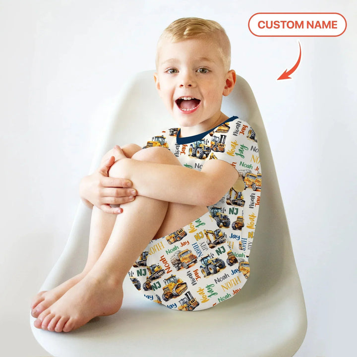 Custom Name Construction Trucks Two Piece Short Sleeve Shorts Pajama Set , Custom Name Construction Trucks Two Piece Short Sleeve Shorts Pajama Set - 12-18M