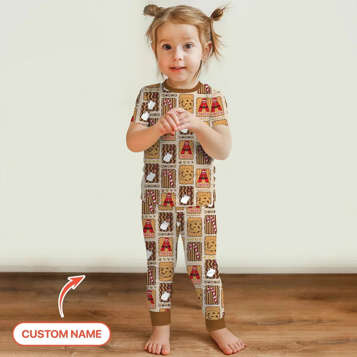 Custom Name Cookies and Milk Wonderland Two Piece Short Sleeve Pajama Set , Custom Name Cookies and Milk Wonderland Two Piece Short Sleeve Pajama Set - 12-18M