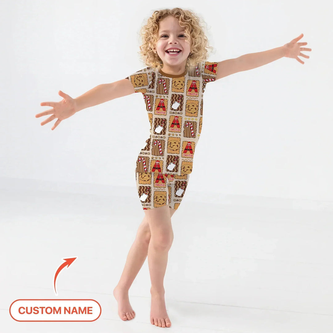 Custom Name Cookies and Milk Wonderland Two Piece Short Sleeve Shorts Pajama Set , Custom Name Cookies and Milk Wonderland Two Piece Short Sleeve Shorts Pajama Set - 12-18M