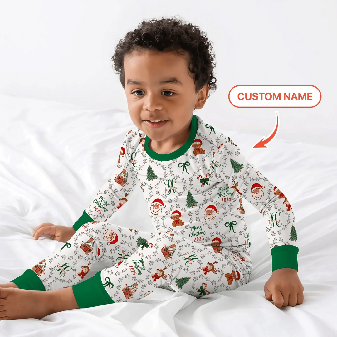 Custom name "Fancy Monogram Green Christmas 2025" Two Piece Long Sleeve Pajama Set , Custom name "Fancy Monogram Green Christmas 2025" Two Piece Long Sleeve Pajama Set - 12-18M