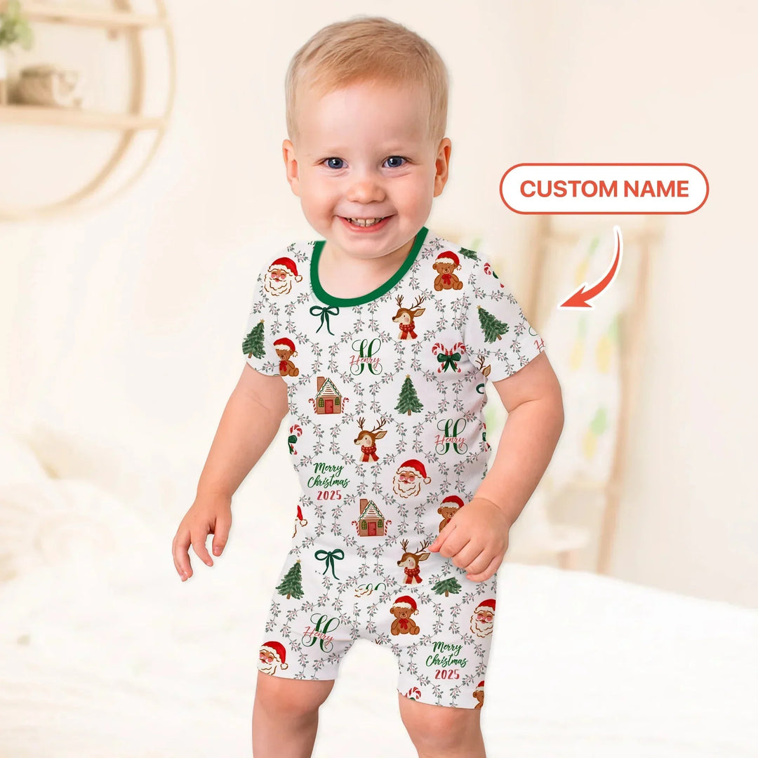 Custom name "Fancy Monogram Green Christmas 2025" Two Piece Short Sleeve Shorts Pajama Set , Custom name "Fancy Monogram Green Christmas 2025" Two Piece Short Sleeve Shorts Pajama Set - 12-18M