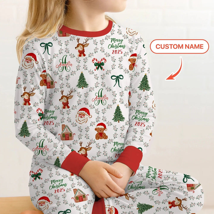 Custom name "Fancy Monogram Red Christmas 2025" Two Piece Long Sleeve Pajama Set , Custom name "Fancy Monogram Red Christmas 2025" Two Piece Long Sleeve Pajama Set - 12-18M