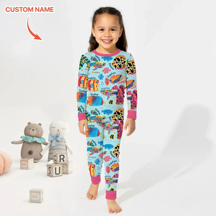 Custom Name Fish Dream Two Piece Long Sleeve Pajama Set , Custom Name Fish Dream Two Piece Long Sleeve Pajama Set - 12-18M