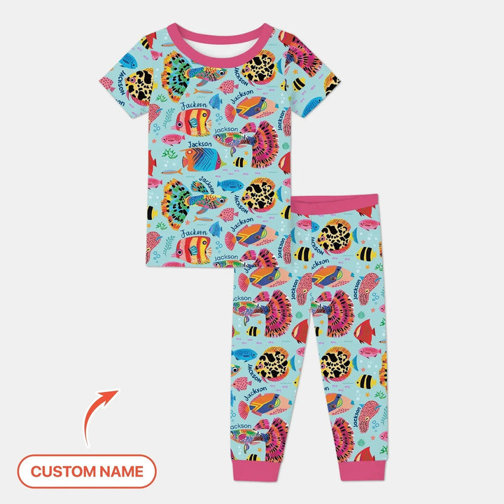 Custom Name Fish Dream Two Piece Short Sleeve Pajama Set , Custom Name Fish Dream Two Piece Short Sleeve Pajama Set - 12-18M