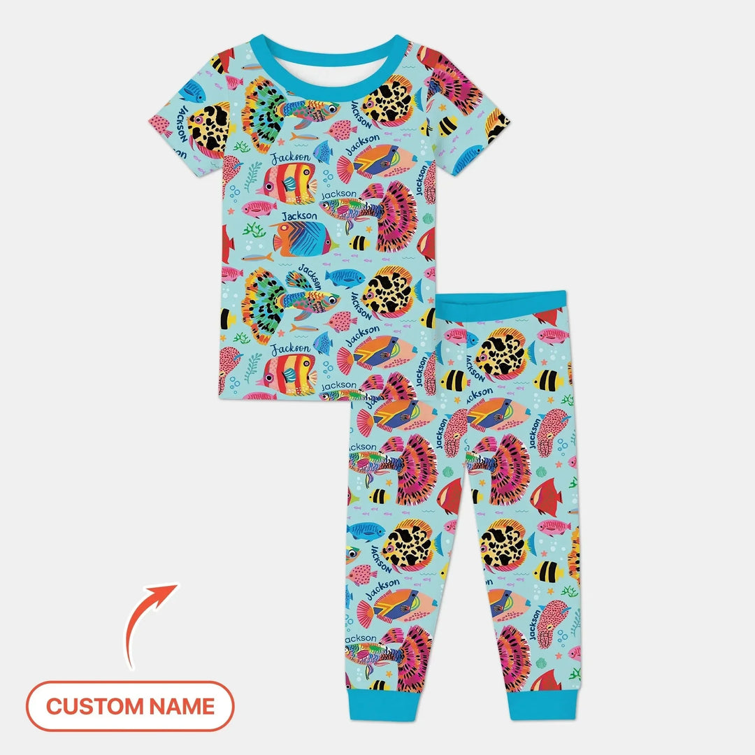 Custom Name Fish Dream Two Piece Short Sleeve Pajama Set , Custom Name Fish Dream Two Piece Short Sleeve Pajama Set - 12-18M