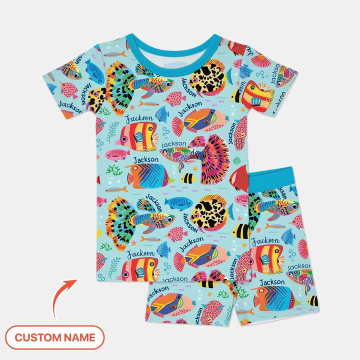 Custom Name Fish Dream Two Piece Short Sleeve Shorts Pajama Set , Custom Name Fish Dream Two Piece Short Sleeve Shorts Pajama Set - 12-18M