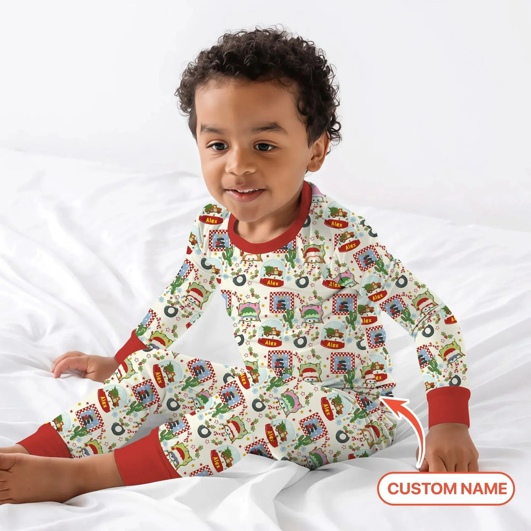 Custom Name Funny Christmas Cars Two Piece Long Sleeve Pajama Set , Custom Name Funny Christmas Cars Two Piece Long Sleeve Pajama Set - 12-18M